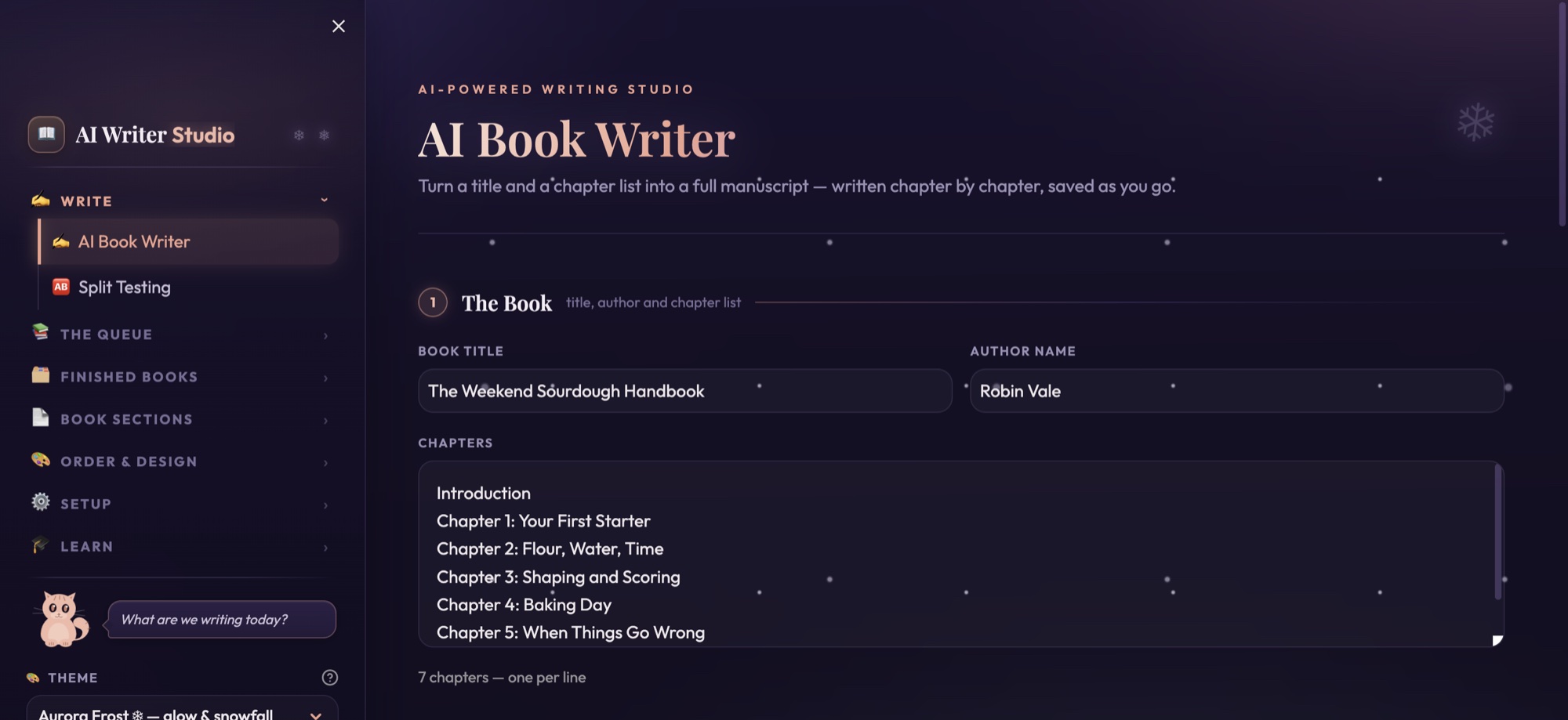 AI Writer in a browser. A form holds a book title, an author name and a list of seven chapters. A menu down the left side lists Write, The Queue, Finished Books, Book Sections, Order and Design, Setup and Learn.